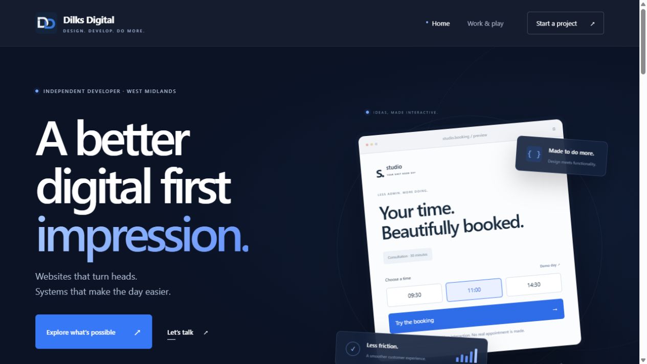 The Dilks Digital homepage with its blue and navy design and interactive booking preview