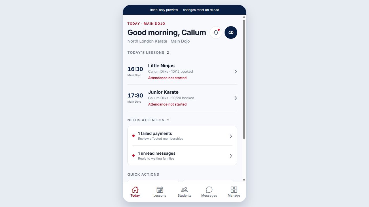 The Dojo club-owner app showing sample lessons and quick actions