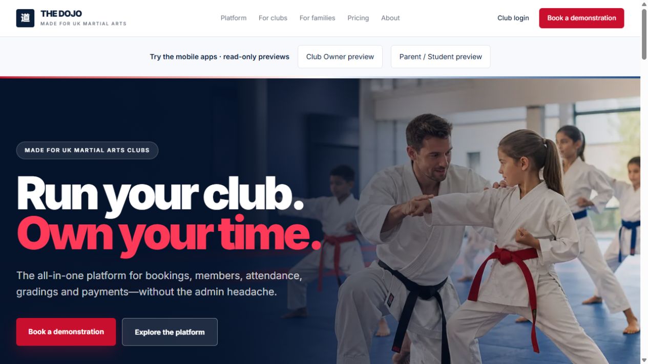 The Dojo website with its Run your club, own your time headline and martial arts photography